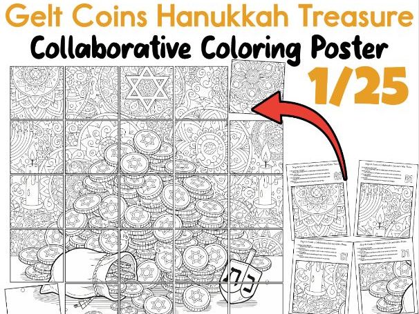 Gelt Coins Hanukkah Treasure Collaborative Poster | Winter Jewish Coloring Art