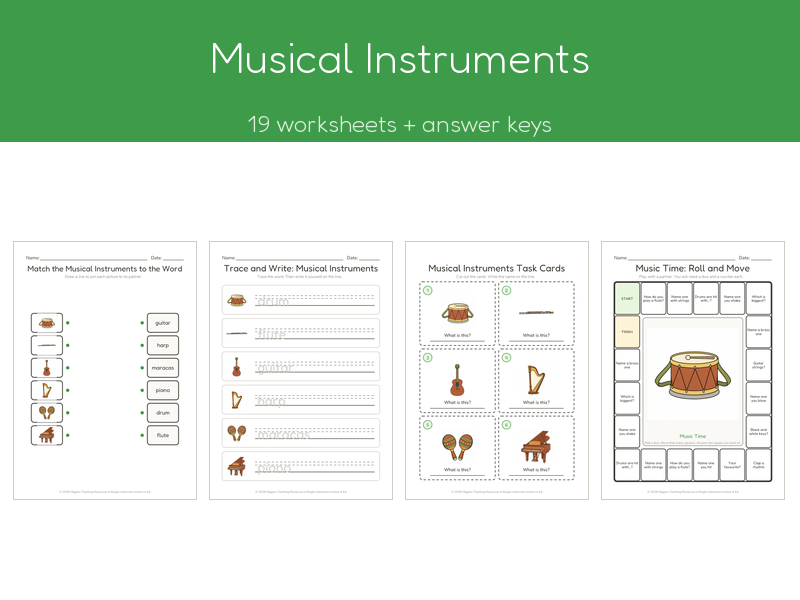 Musical Instruments | 19 No-Prep Worksheets + Answer Keys | Ages 5-7