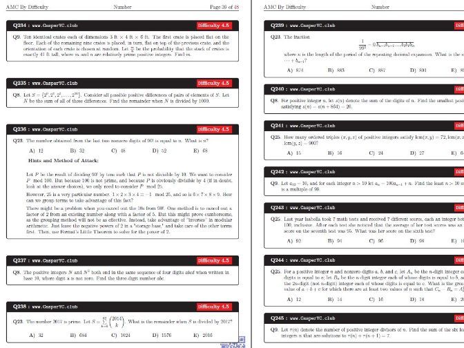 AMC - American Mathematics Competition - Questions By Difficulty - Number