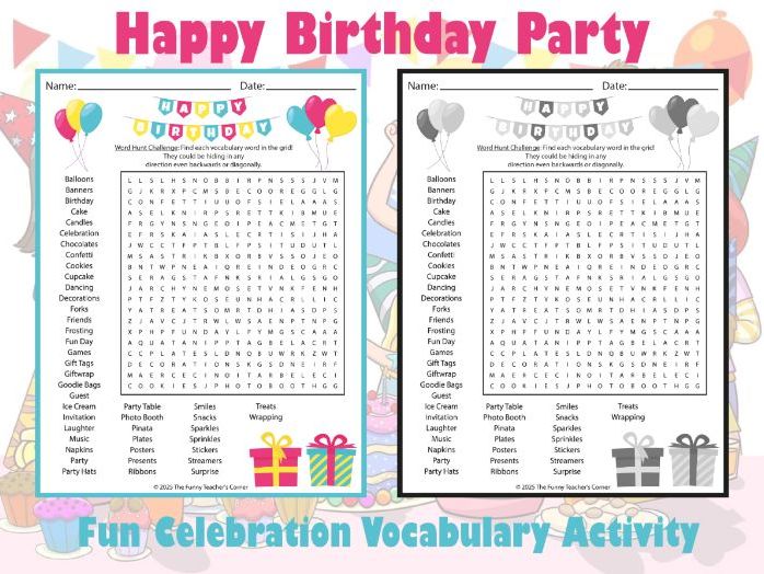 Happy Birthday Party Word Search | Fun Celebration Vocabulary Activity |44 Words