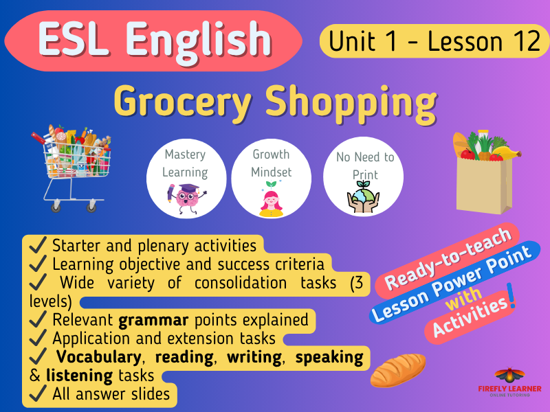 Shopping; Groceries - ESL English Lesson + Activities (1.12)