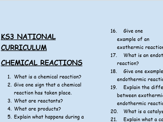 KS3 Chemistry: Chemical Reactions – 30 Question Retrieval Worksheet