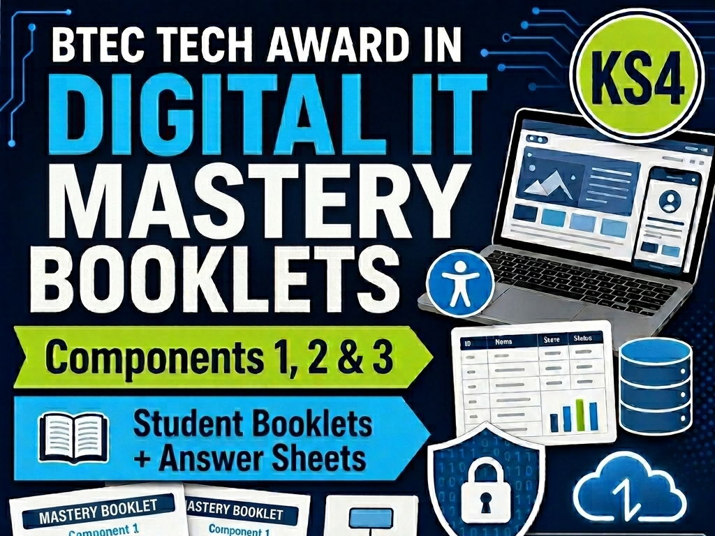 Pearson BTEC Tech Award in Digital IT Complete Booklet Bundle & Answers | Components 1, 2 and 3 | Retrieval, Revision, Exam Prep, Mastery and Homework Booklets