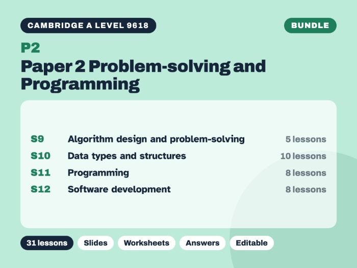 Cambridge A Level Computer Science 9618 – Paper 2 Problem-solving and Programming (31 lessons)