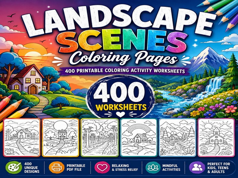LANDSCAPE SCENES Coloring Pages, 400 Printable Coloring Activity Worksheet