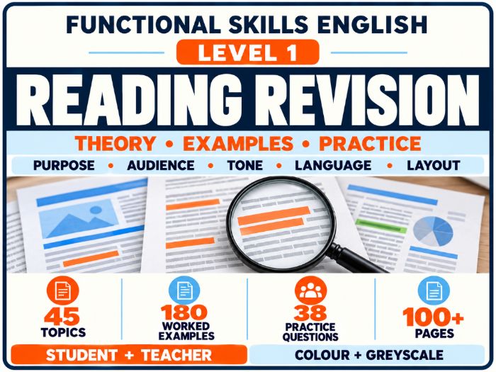 Functional Skills English Level 1 Reading Revision: Theory, Examples & Practice