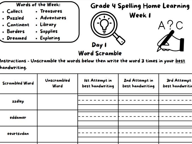 Simple Weekly Spelling Home Learning Grade 4