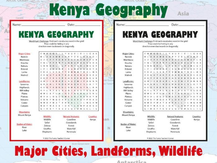 Kenya Geography Word Search | Major Cities, Landforms, Wildlife