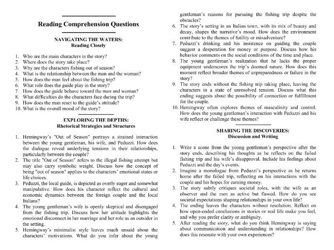 Out of Season by Ernest Hemingway with Reading Comprehension Questions