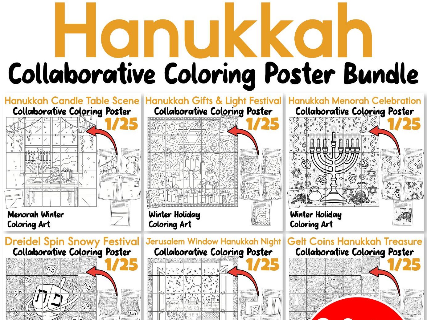 Hanukkah Collaborative Poster Bundle | Menorah, Dreidel, Jerusalem, Gelt & More