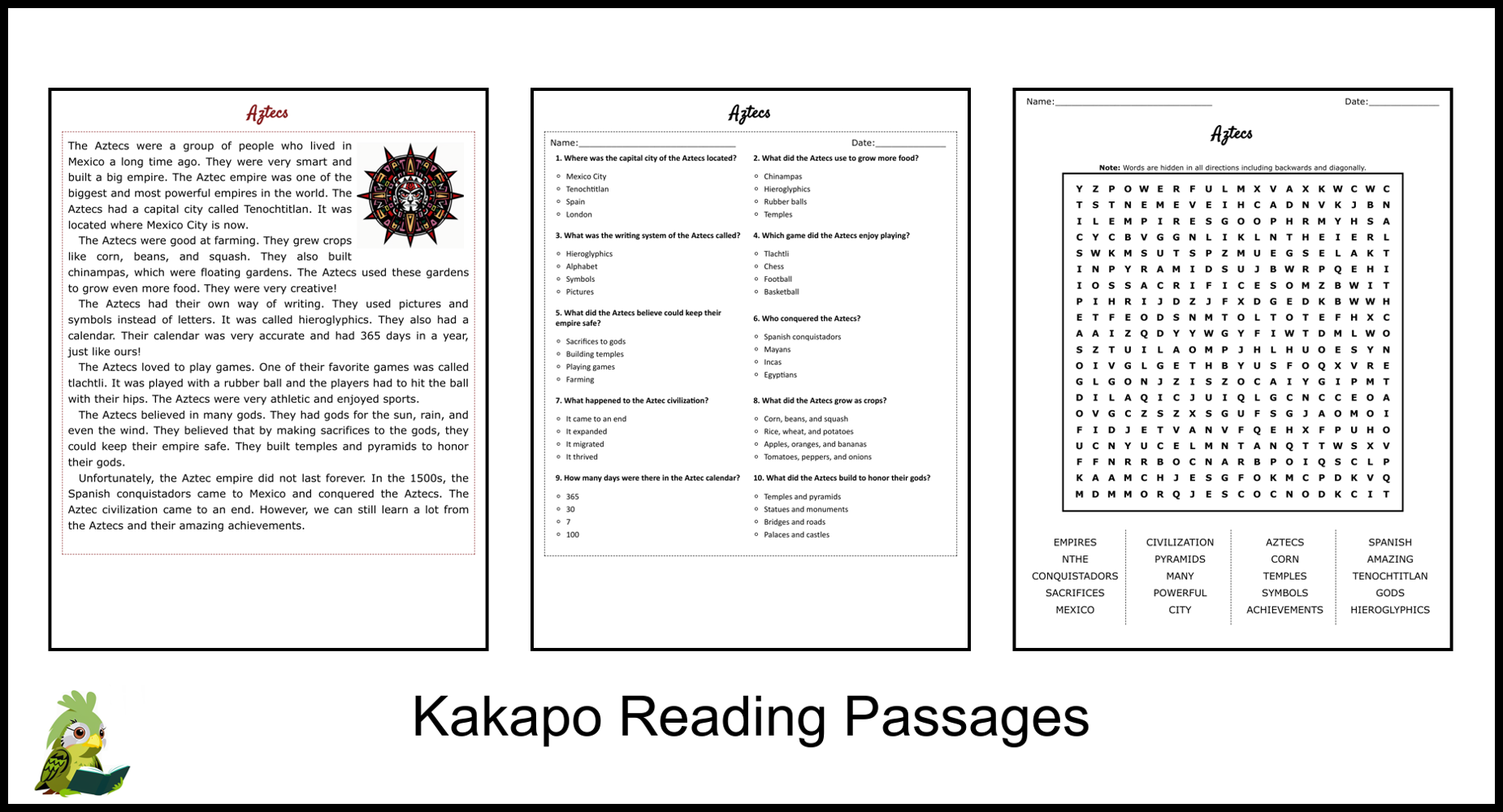 Aztecs Reading Comprehension and Word Search | Teaching Resources