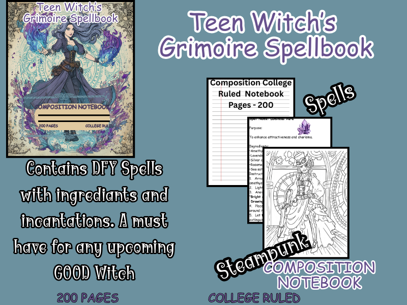 Teen Witch’s  Grimoire Spellbook-Composition Notebook-Includes DFY Spells