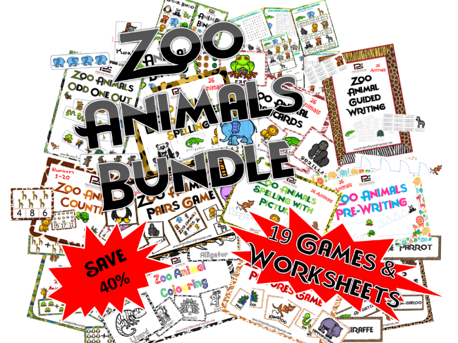 Zoo Animals Theme Bundle | 19 Fun Games & Worksheets