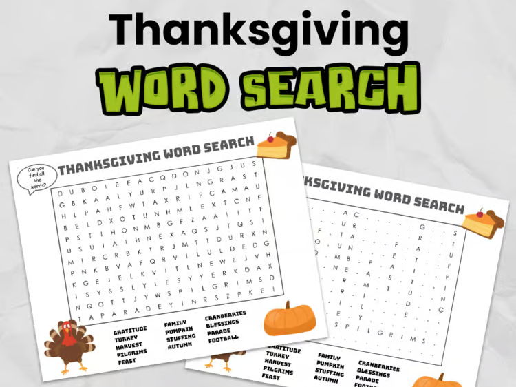 Thanksgiving Word Search | Printable Thanksgiving Activity for Elementary