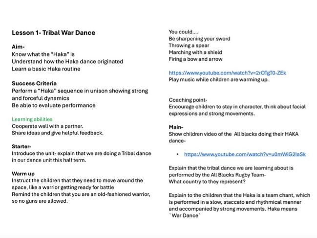 Tribal War Dance (Haka) PE Unit- 5 lessons for Key Stage 2