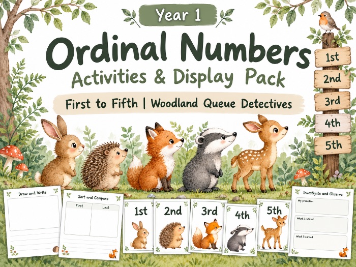 Year 1 Ordinal Numbers Activities & Display Pack | First to Fifth | Woodland Queue Detectives