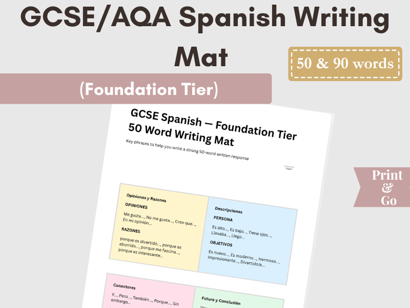 GCSE Spanish Foundation Tier 50, 90 Word Writing Mat | GCSE Spanish Writing Scaffold and Sentences