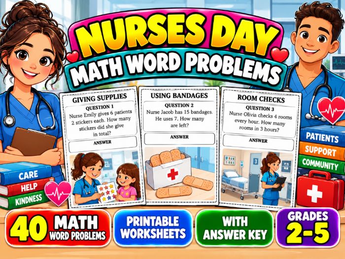 Nurses Day Math Word Problems | 40 Printable Worksheets with Answer Key