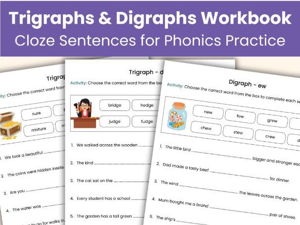 Trigraphs & Digraphs Cloze Worksheets | Phase 5 Phonics for Kids Aged 5-7