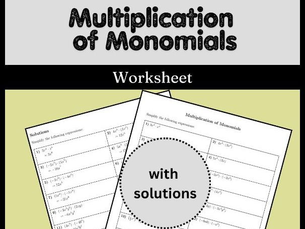 Multiplication of Monomials Worksheet (with solutions)