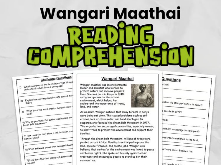 Wangari Maathai Reading Comprehension for Gr 3 - 5 | Guided Reading Task