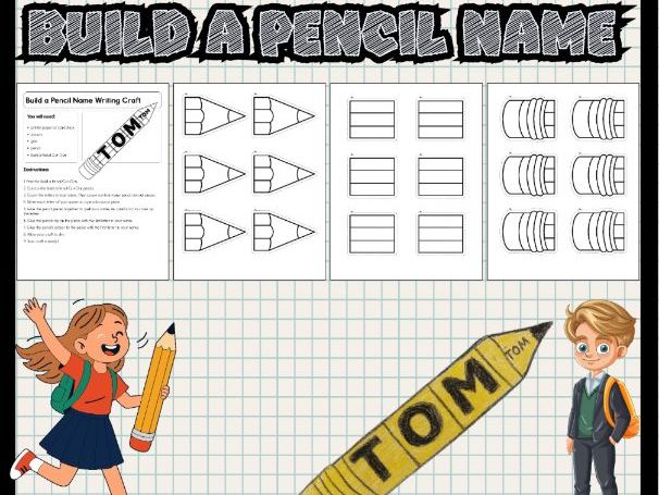 BW -Build a Pencil Name Writing Craft Back to School Fine Motor & Bulletin Board