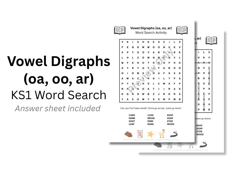 Vowel Digraphs (oa, oo, ar) KS1 Word Search Activity