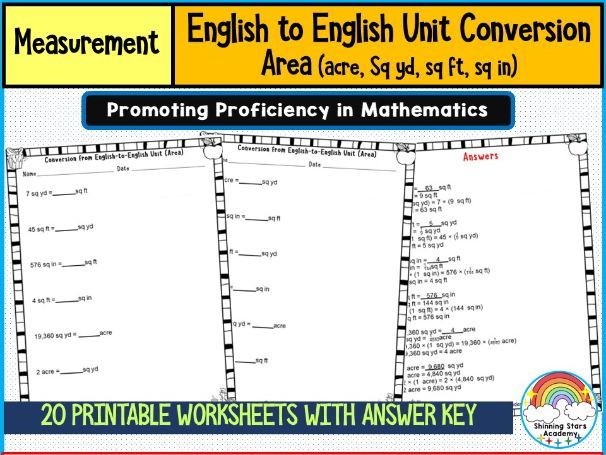 Conversion of English to English Unit (Area) (acre, sq yd, sq ft, sq in) Worksheets | Customary Area