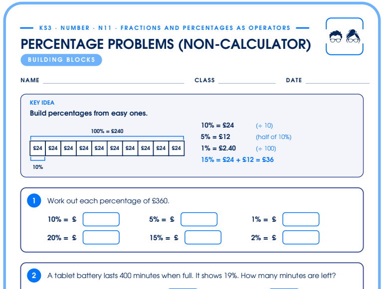 Percentage Problems Non-Calculator | 4-Tier Differentiated Worksheet | KS3 + Answers