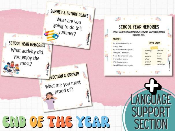 End of the Year Speaking Activities – ESL Conversation Cards with Sentence Starters & Vocabulary