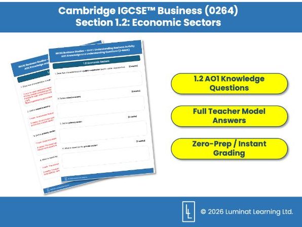 Cambridge IGCSE Business (0264): 1.2 Economic Sectors AO1 Knowledge Worksheet
