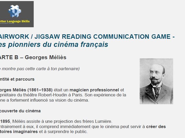 Pairwork / Jigsaw reading communication game - Les pionniers du cinéma français