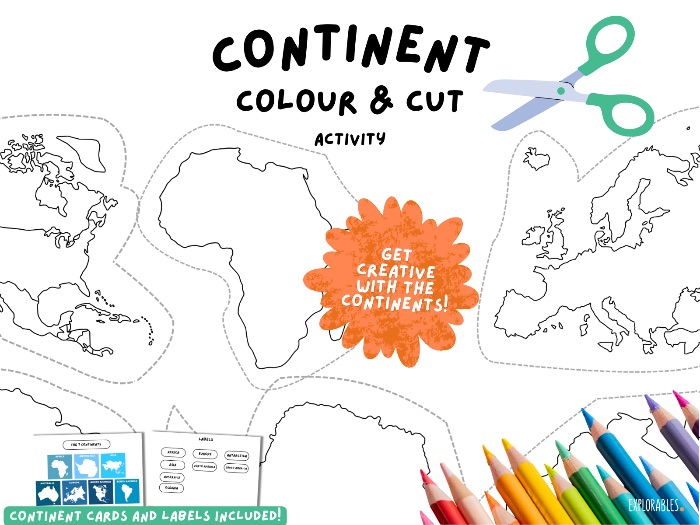 Continents Colour In And Cut Out Activity For Kids Match The Continent To The Card Label