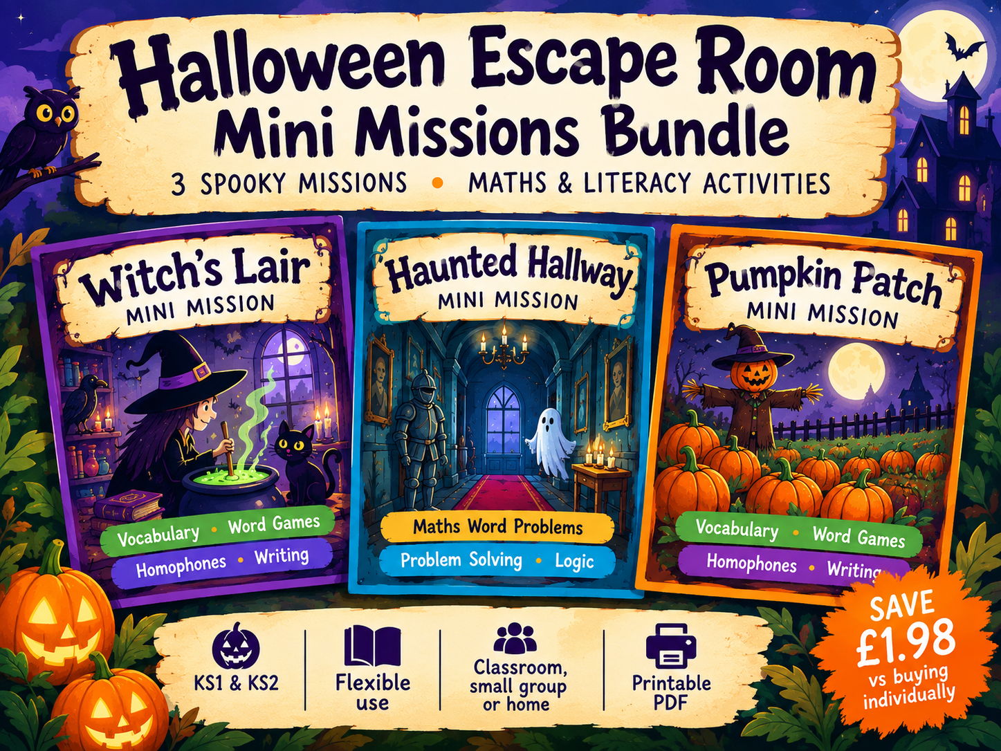 Halloween Escape Room Mini Missions Bundle | 3 Maths & Literacy Games
