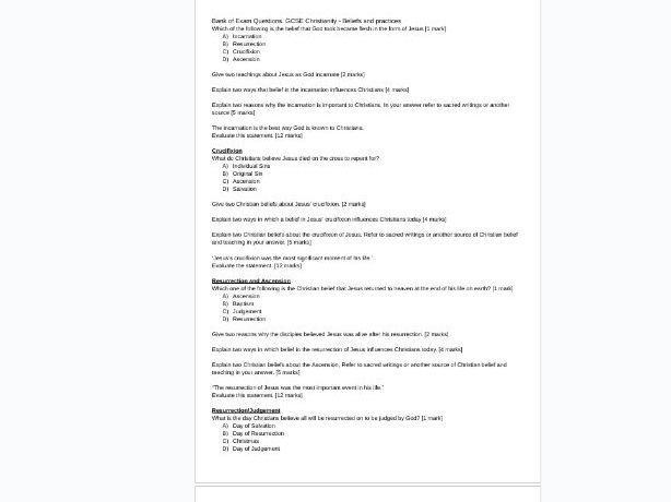 Bank of Exam Questions - Christianity