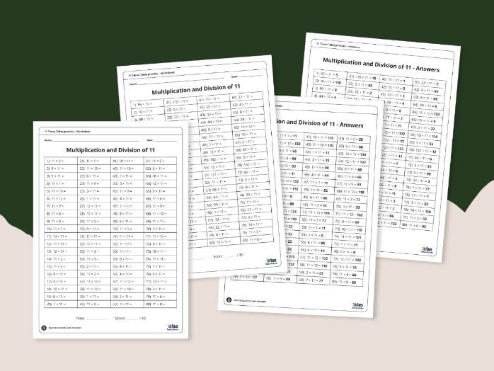 Multiplication and division practice worksheets for the 11 times table