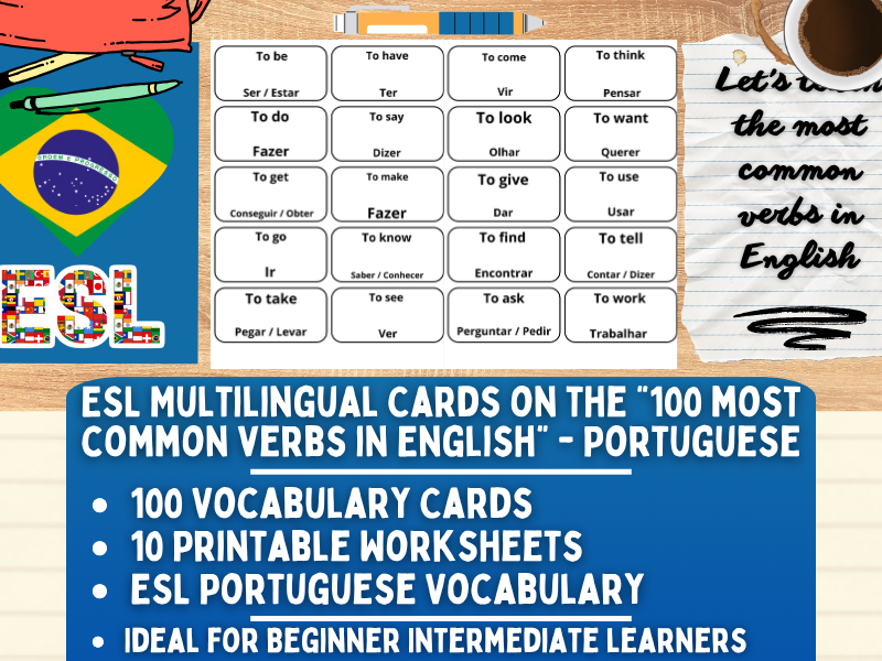 ESL Multilingual Vocabulary Flashcards - 100 most common verbs - Portuguese