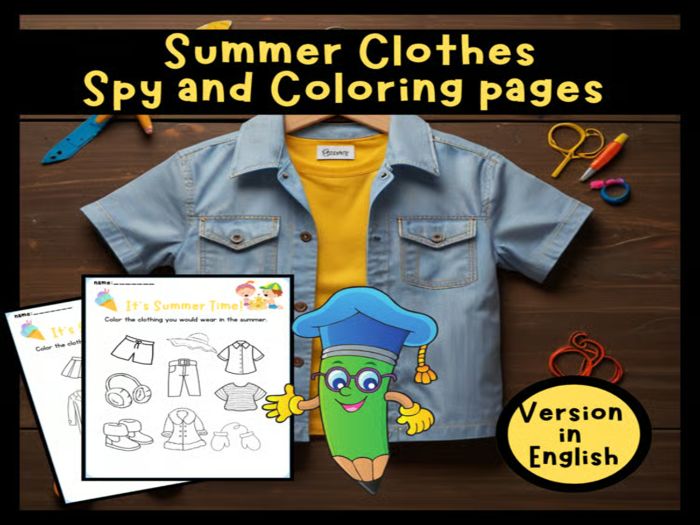 Preschool Summer Clothes: Spy and Coloring pages in English