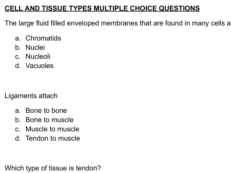 The animal cell and tissue types MCQs with answers