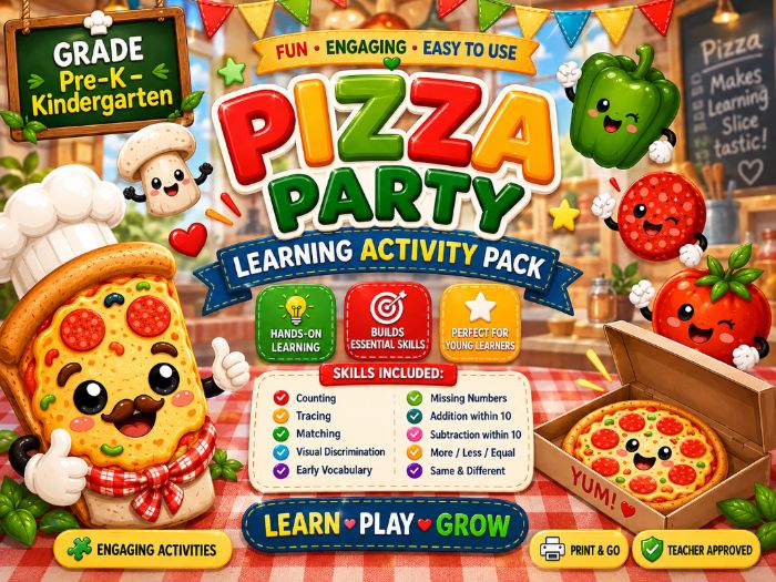 Pizza Party Learning Activities Pre-K Kindergarten | Math Counting Tracing Worksheets