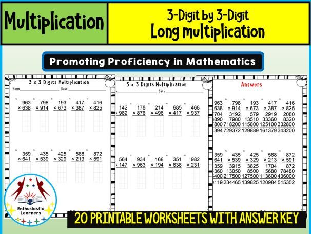 3-Digit by 3-Digit Long Multiplication Worksheets Math Problems