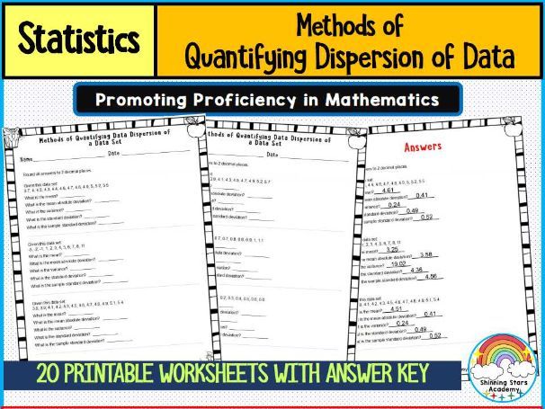 Methods of Quantifying Data Dispersions Worksheets | Mean, Mean Absolute Deviation, Variance & Stand