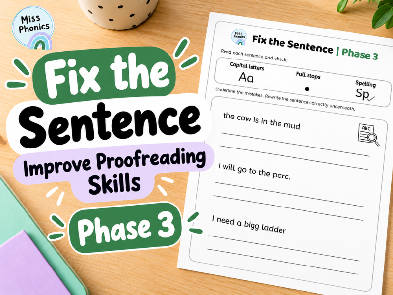 Fix the Sentence – Phase 3 Phonics | 40 Proofreading Worksheets