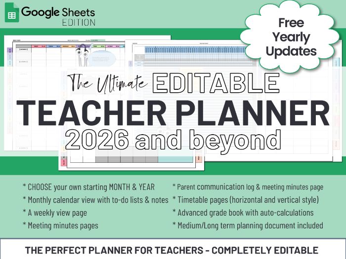 Ultimate Editable Teacher Planner | Google Sheets | 2026 & Beyond