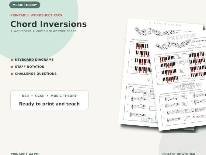 Chord Inversions Worksheet Pack | Printable Music Theory Activities PDF