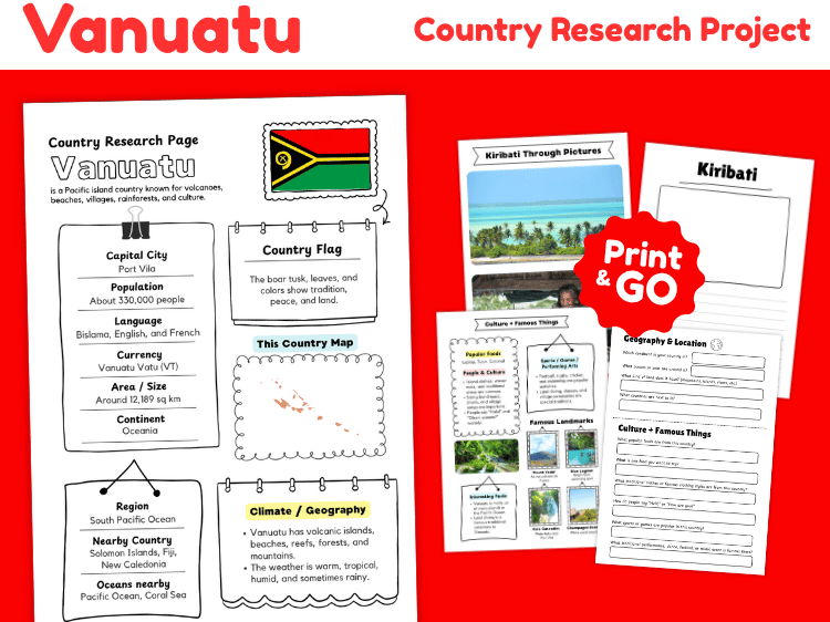 Vanuatu Country Research Project | Geography & Culture Worksheets
