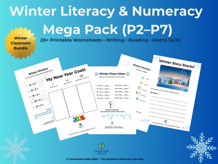 Winter Literacy & Numeracy MEGA Pack (P2–P7) | 20+ Winter Worksheets | Writing • Reading • Maths