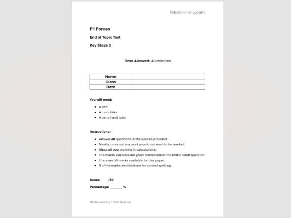 KS3 Forces P1 End of Topic Test