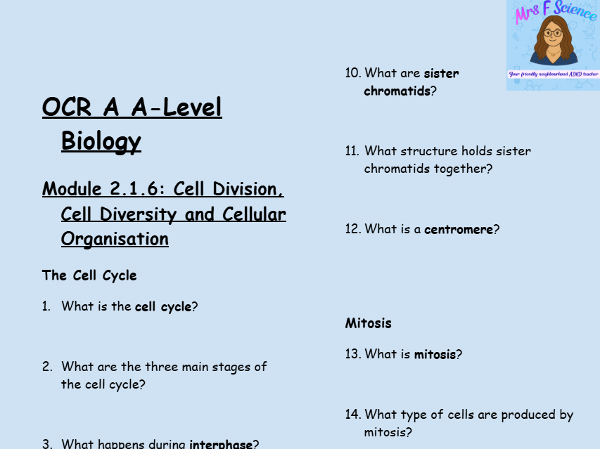 OCR A A-Level Biology: Module 2.1.6 Cell Division, Diversity and Organisation | 50 Q's and answers