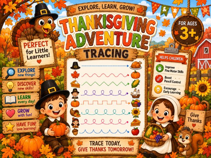 Thanksgiving Tracing Worksheets | Fine Motor & Pre-Writing Activities | Preschool–1st Grade